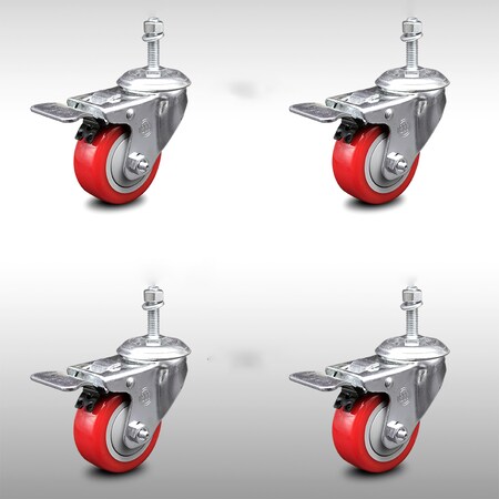 Service Caster 3 Inch SS Red Polyurethane 3/8 Inch Threaded Stem Caster Set Total Lock Brake SCC-SSTSTTL20S314-PPUB-RED-381615-4